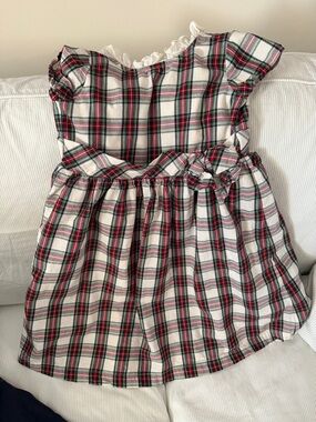 Girls' Red & Green Plaid Casual Dress with Ruffle Collar